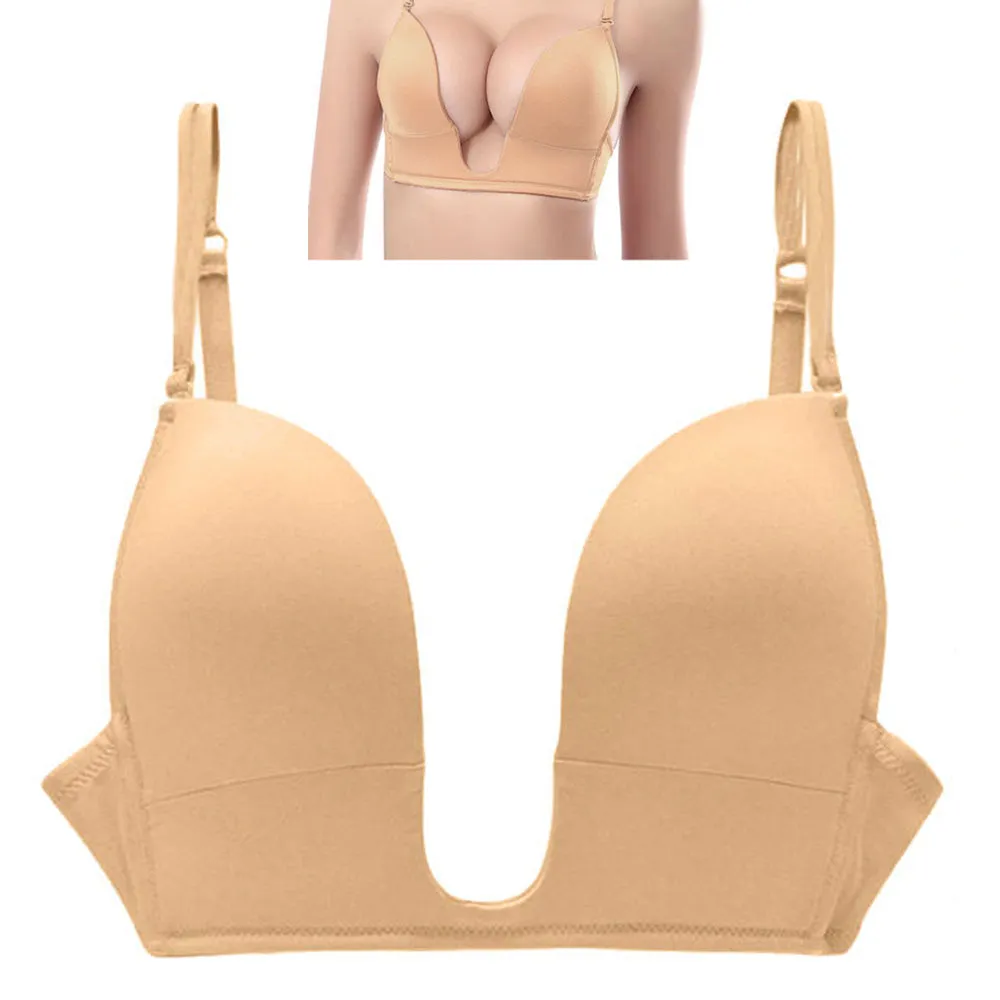 Women Deep U Plunge Seamless V Shape Bra Push Up Convertible Straps Top Size 34B