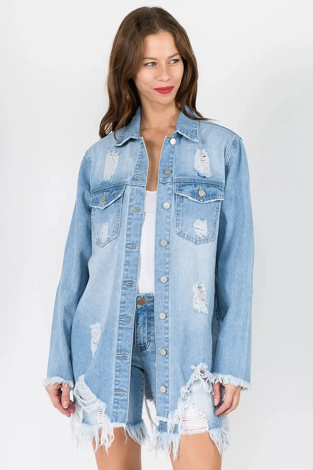 Women's Light Distressed Denim Jacket with Frayed Hem - Fashion M&J
