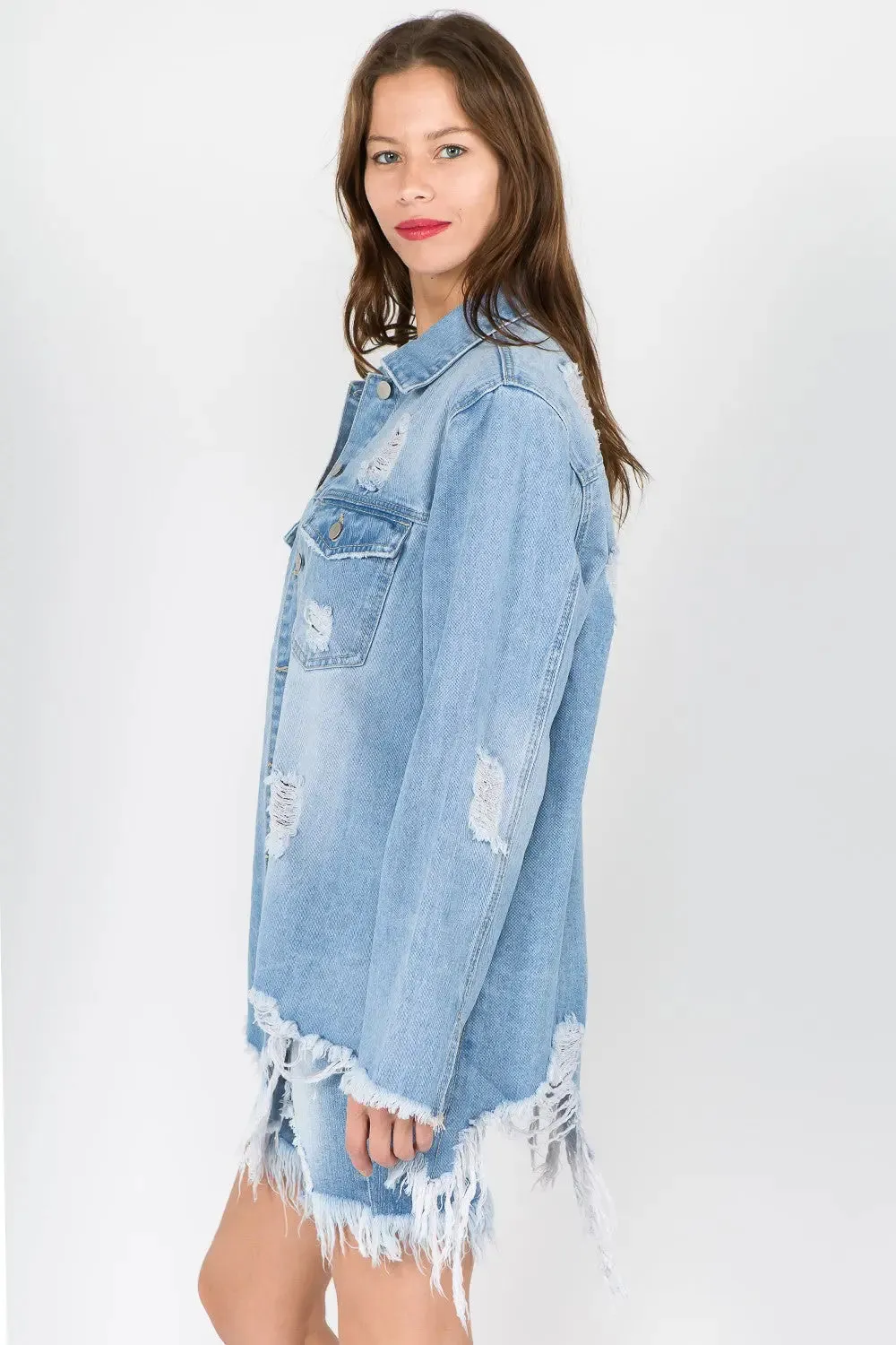 Women's Light Distressed Denim Jacket with Frayed Hem - Fashion M&J