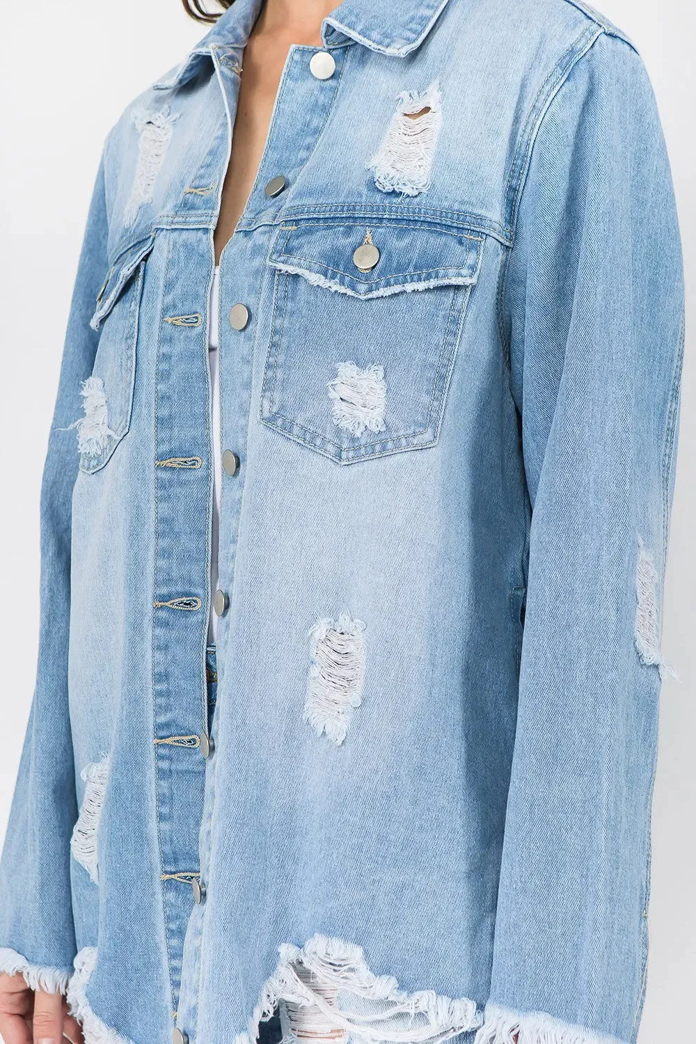 Women's Light Distressed Denim Jacket with Frayed Hem - Fashion M&J