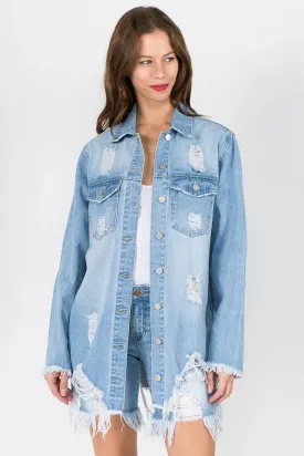 Women's Light Distressed Denim Jacket with Frayed Hem - Fashion M&J