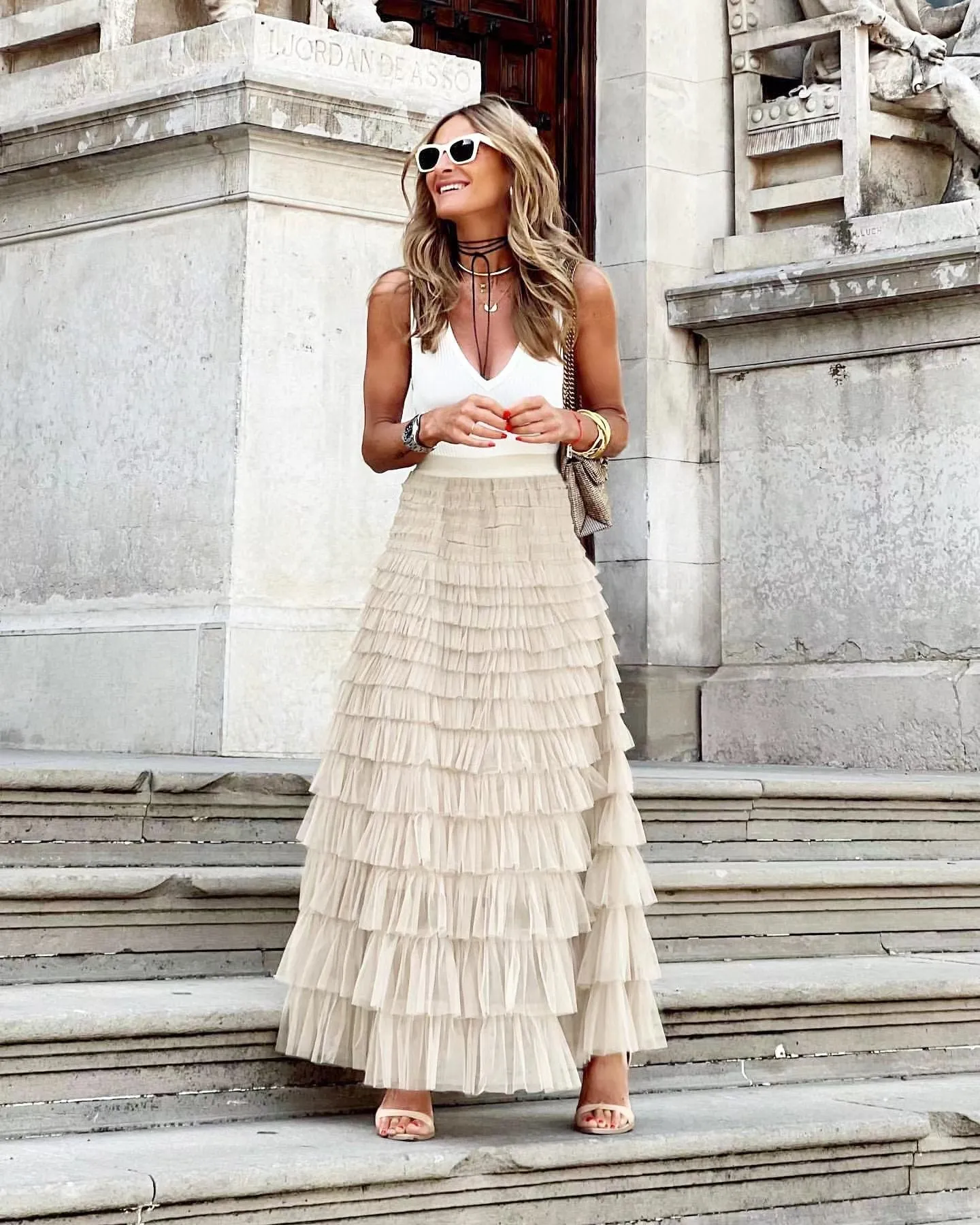 Women's Maxi Skirt - Tiered Ruffle - Flowing Layered Design - Elegant Formal Wear