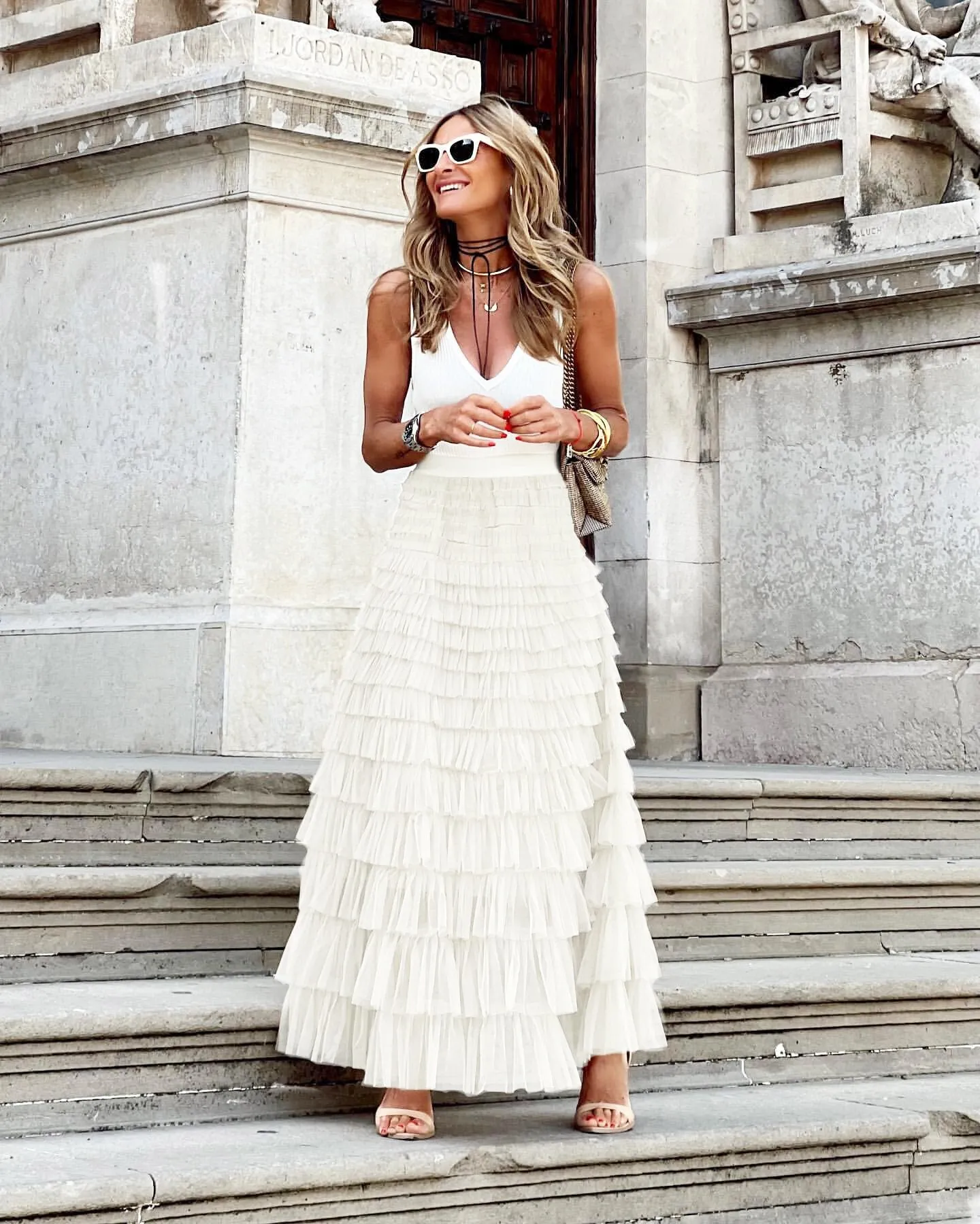 Women's Maxi Skirt - Tiered Ruffle - Flowing Layered Design - Elegant Formal Wear