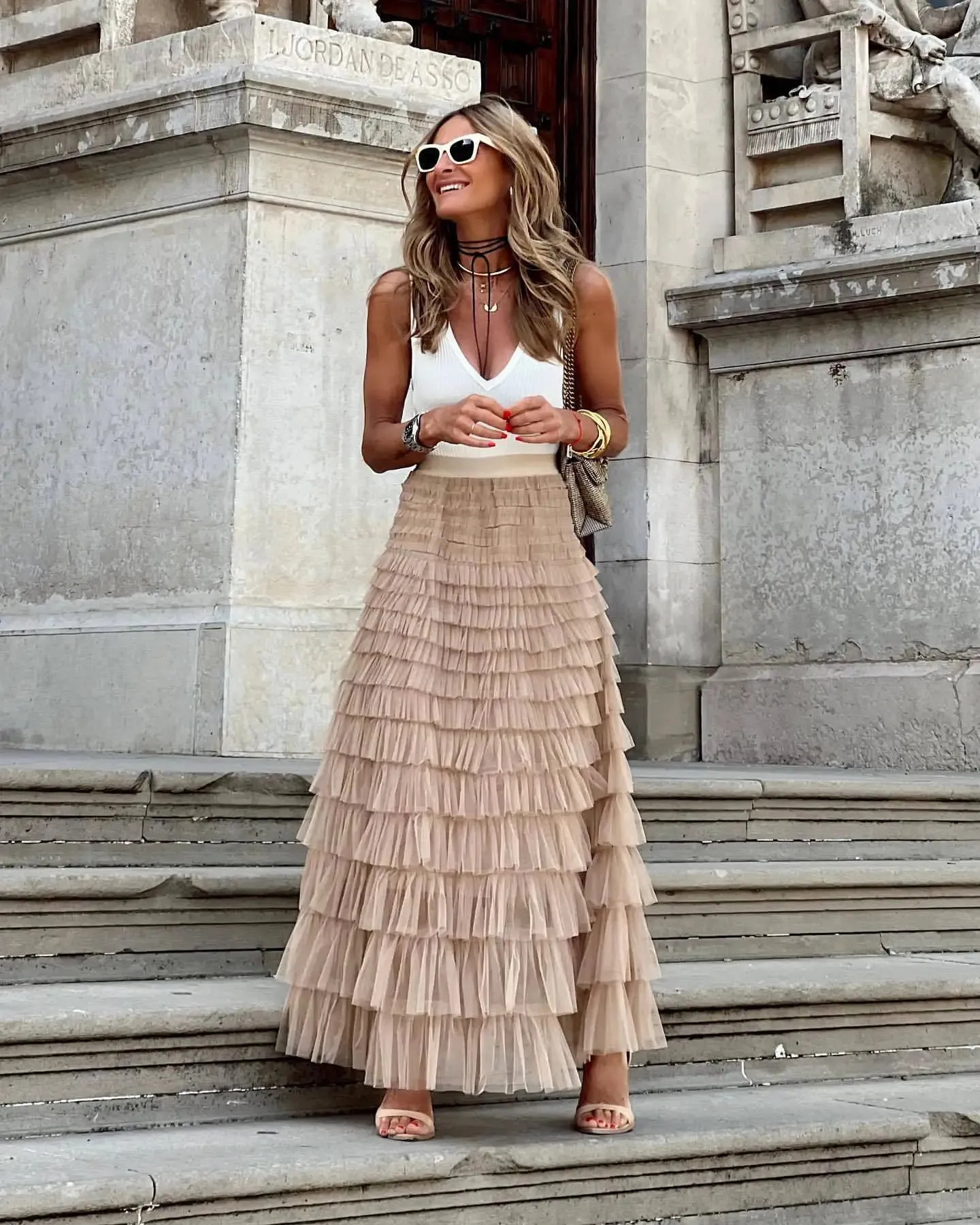 Women's Maxi Skirt - Tiered Ruffle - Flowing Layered Design - Elegant Formal Wear